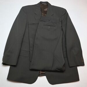 Vtg Y2K 2000s Boxy 44L 34x32‎ Olive Green Brown 100% Wool Mens Jacket Pants Suit